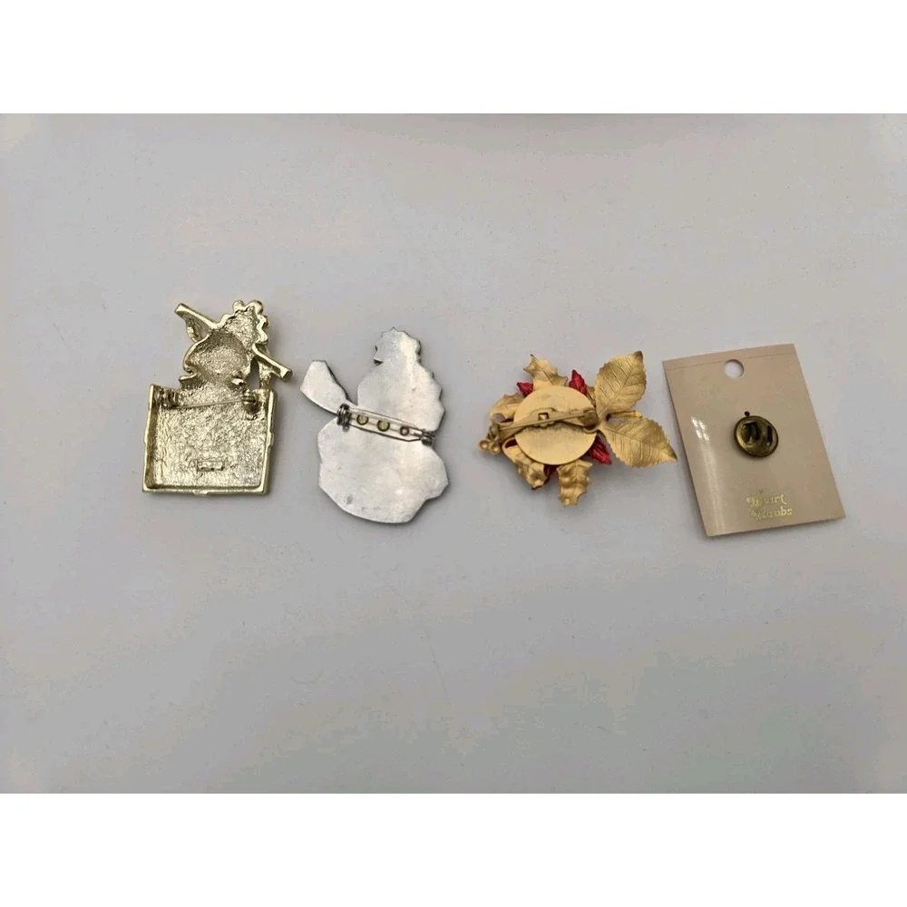 Lot of 4 Christmas Holiday Brooch Pins Snowman Puppy Pointsettia Vtg Bells